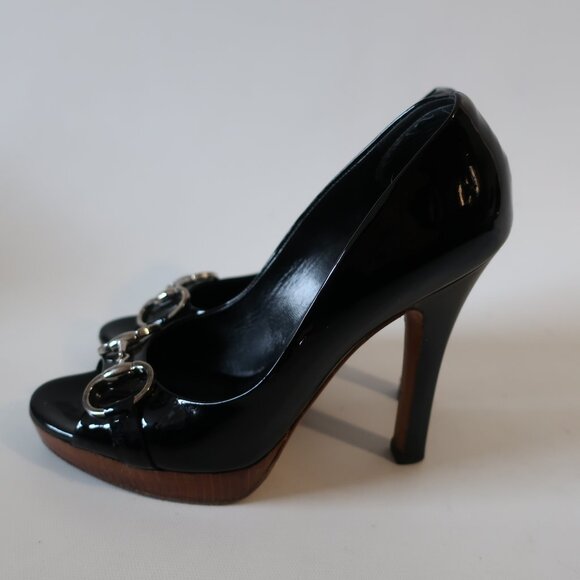 Women Gucci Black Patent Leather Horsebit Peep Toe Platform Heels 6 - Picture 7 of 16